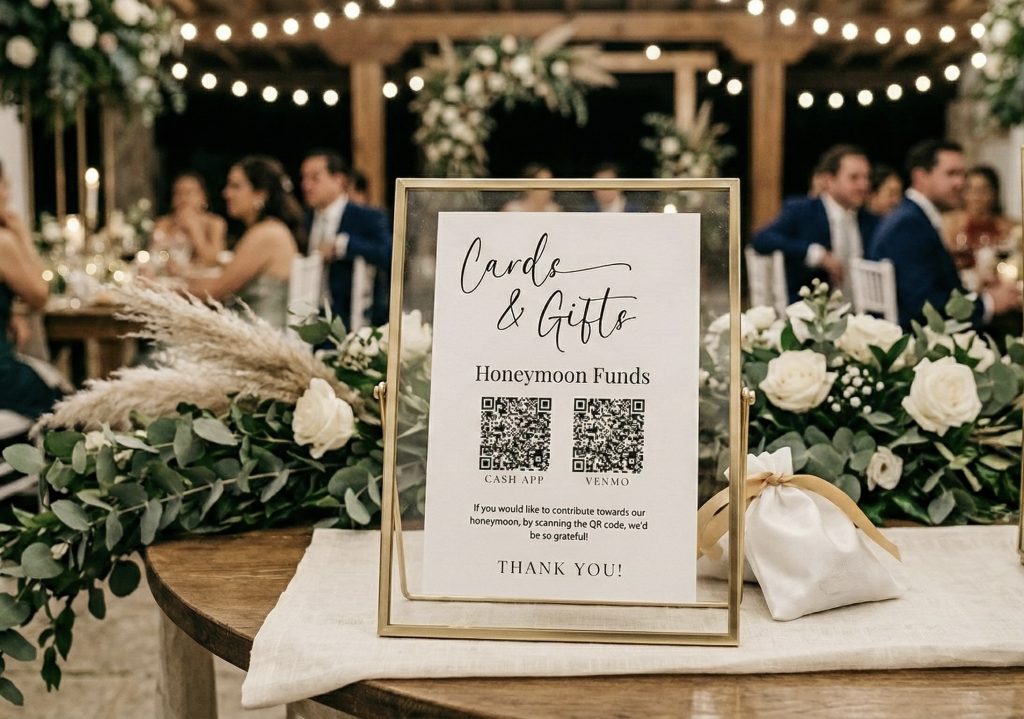 Una toma de primer plano enfocada en un cartel de boda enmarcado en oro sobre una mesa de madera rústica. El cartel blanco presenta una tipografía de caligrafía elegante que dice "Cards & Gifts" (Tarjetas y Regalos) y una descripción en fuente de serifa que dice "Honeymoon Funds" (Fondos para la Luna de Miel). Debajo del texto hay dos códigos QR distintos y scannables, uno etiquetado como "CASH APP" y el otro como "VENMO", para que los invitados hagan contribuciones digitales. El cartel está enmarcado por una exuberante guirnalda de eucalipto fresco, rosas blancas y pampas decorativas. Detrás, hay una bolsa de regalo de organza blanca con un lazo dorado y, más atrás, la vibrante atmósfera de una recepción de boda con invitados sentados en mesas bajo luces de cadena cálidas y arreglos florales románticos, creando un fondo suavemente desenfocado (bokeh). La iluminación es natural y cálida, capturando las texturas del papel, el marco metálico y la vegetación.